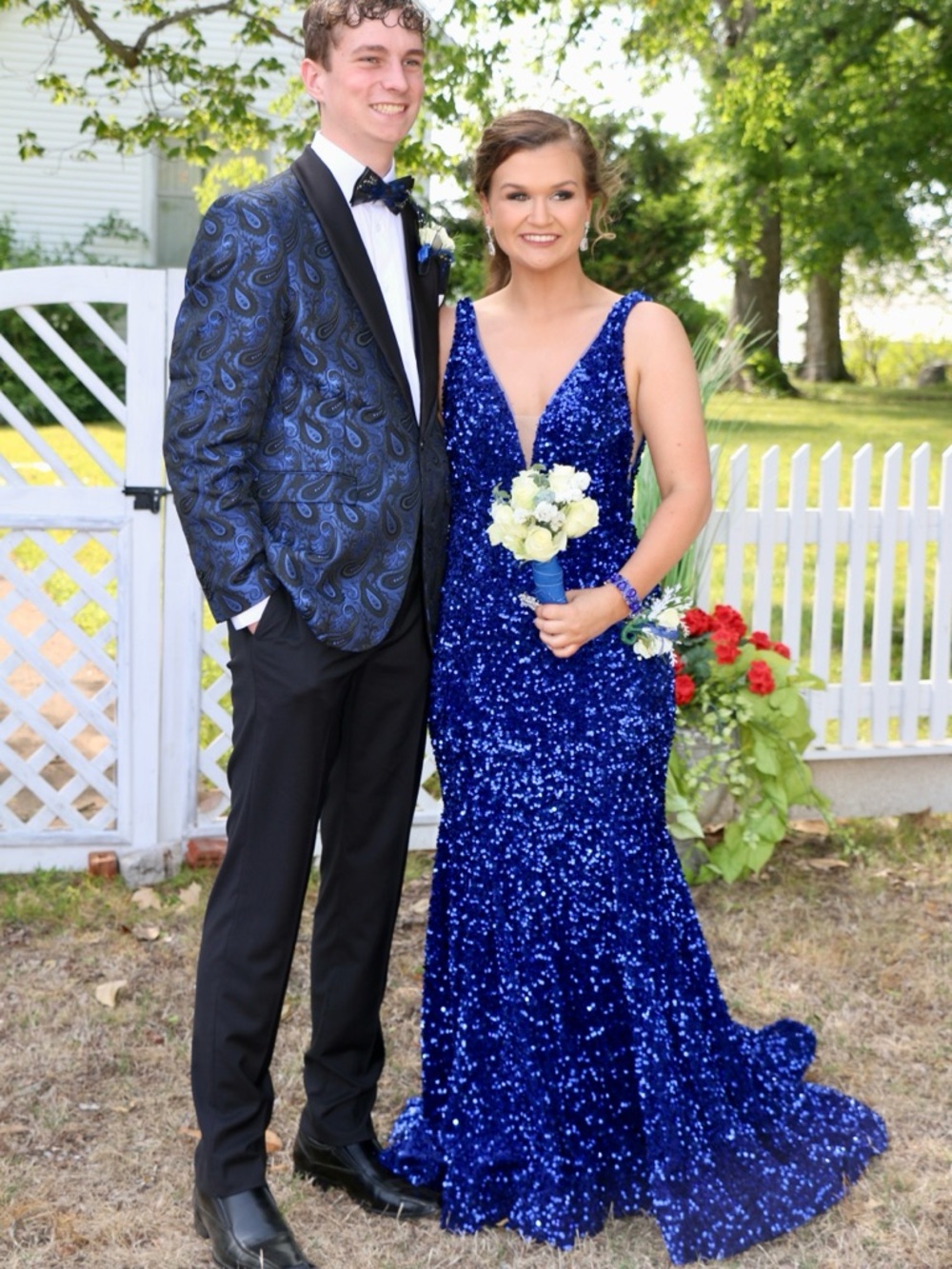 Sherri Hill Royal Blue Sequin on Velvet Prom Formal Dress - Picture 6 of 8